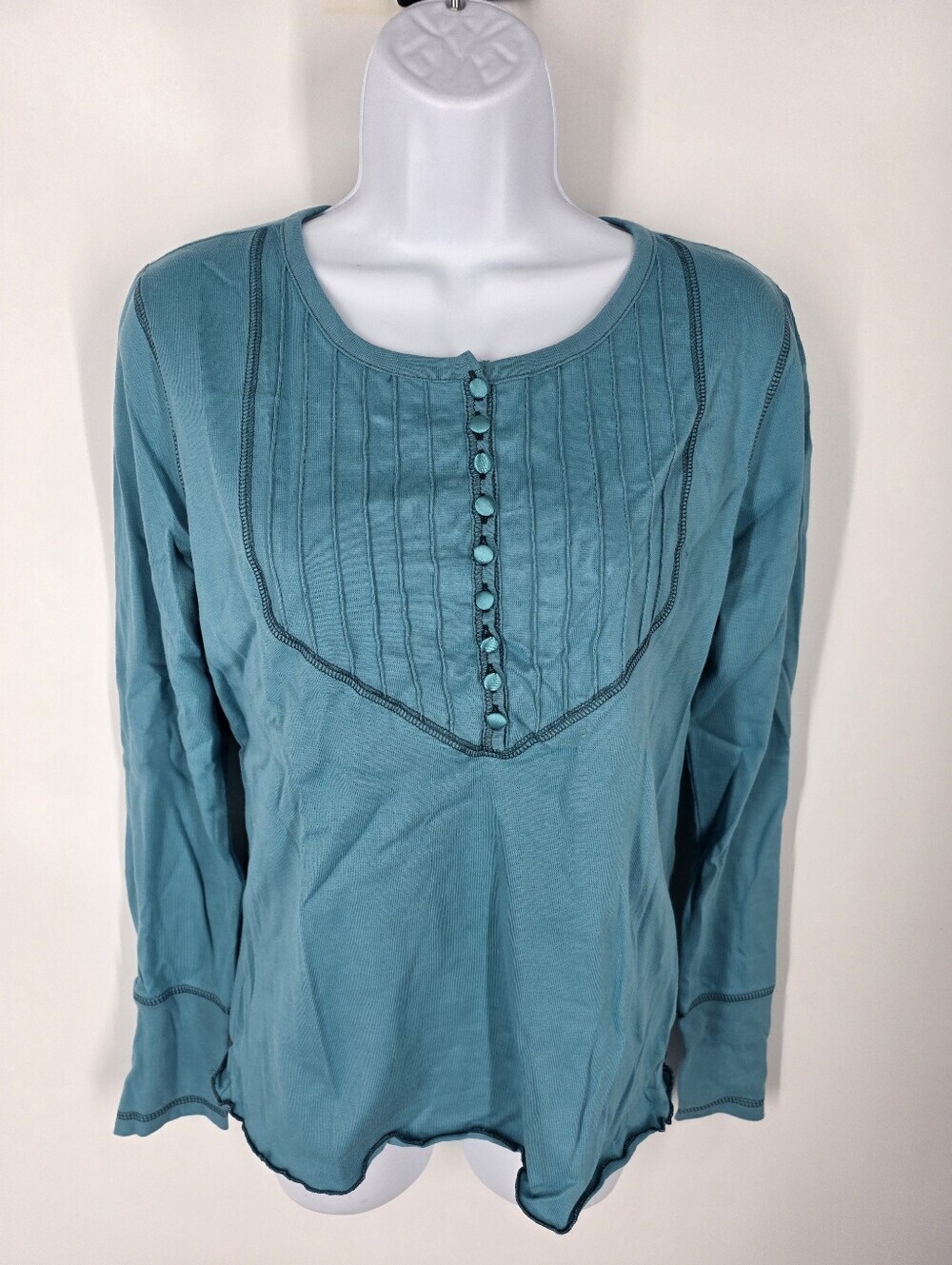 Liz Claiborne Henley Top Women Medium Teal Blue Pleated Long Sleeve Button